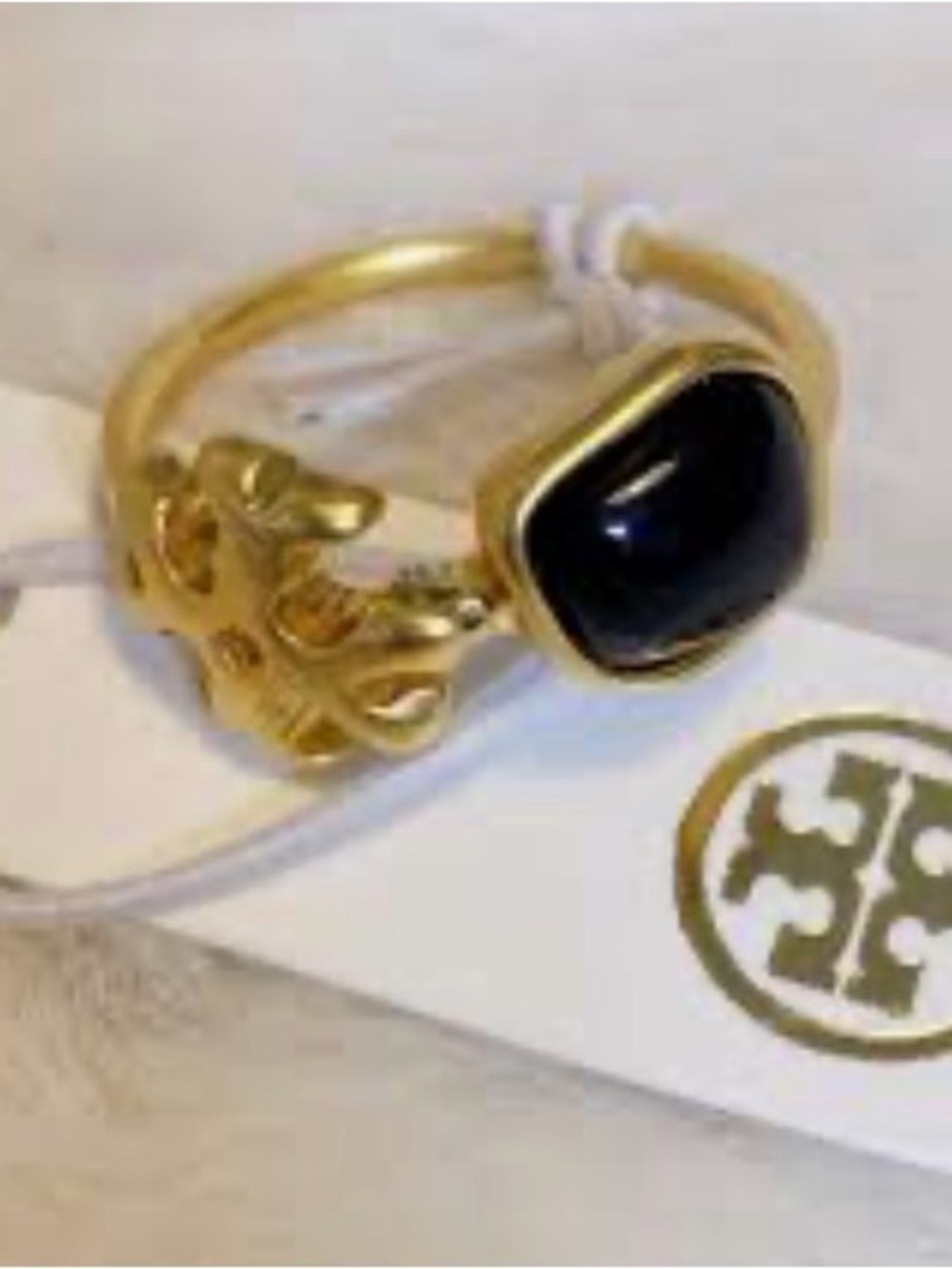 Tory Burch Logo Monogram, Black Onyx Stone Size 8 Ring AUTHENTIC